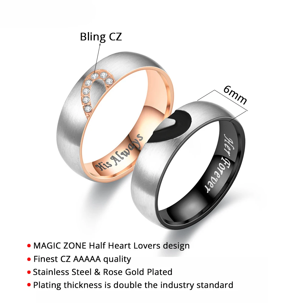 Elegant Rose Gold & Black Heart Promise Rings - Stainless Steel Couples Jewelry