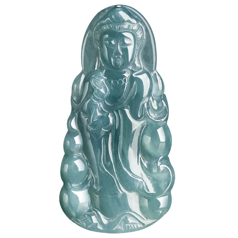 Authentic Natural A-grade Jadeite Blue Water Purification Bottle Guanyin Pendant Ice Jade Charms For Men's Gifts Women's Jewelry