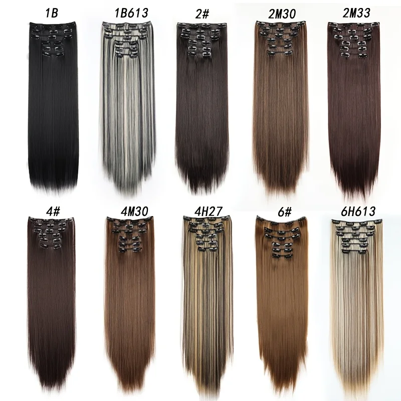 Extension per capelli con 16 clip, 24 pollici, lunghi e lisci, sintetici, biondi e neri, resistenti al calore, 6 pezzi/set - immagine 5