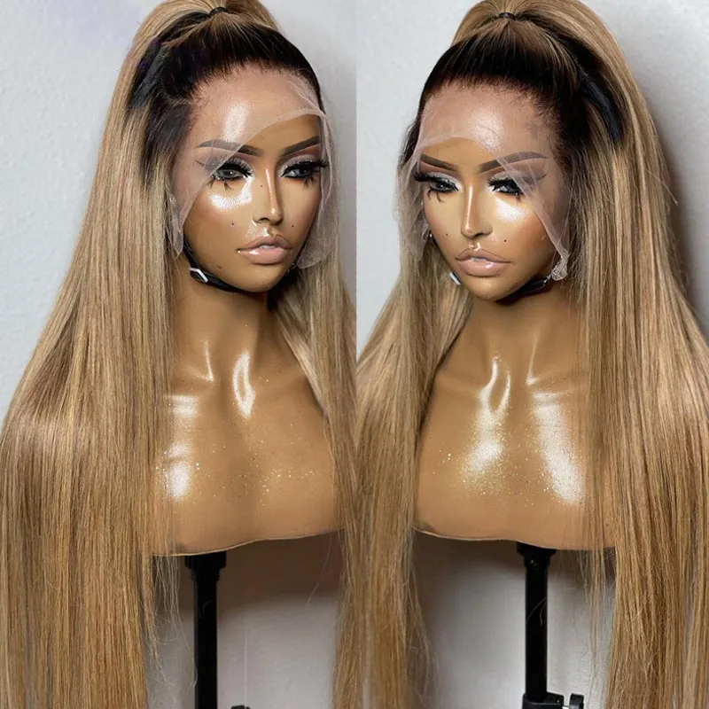 

Soft 26'' Ombre Blonde Straight European Virgin Human Hair Jewish Wig 13x6Lace Front Kosher Sheitel Wig For Women With BabyHair