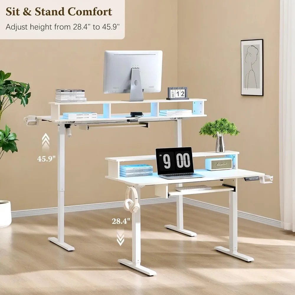 48" Electric Standing Desk Adjustable Height, Sit Stand Up Desk with Keyboard Tray, Power Outlets, LED Lights & Monitor Shelf 2