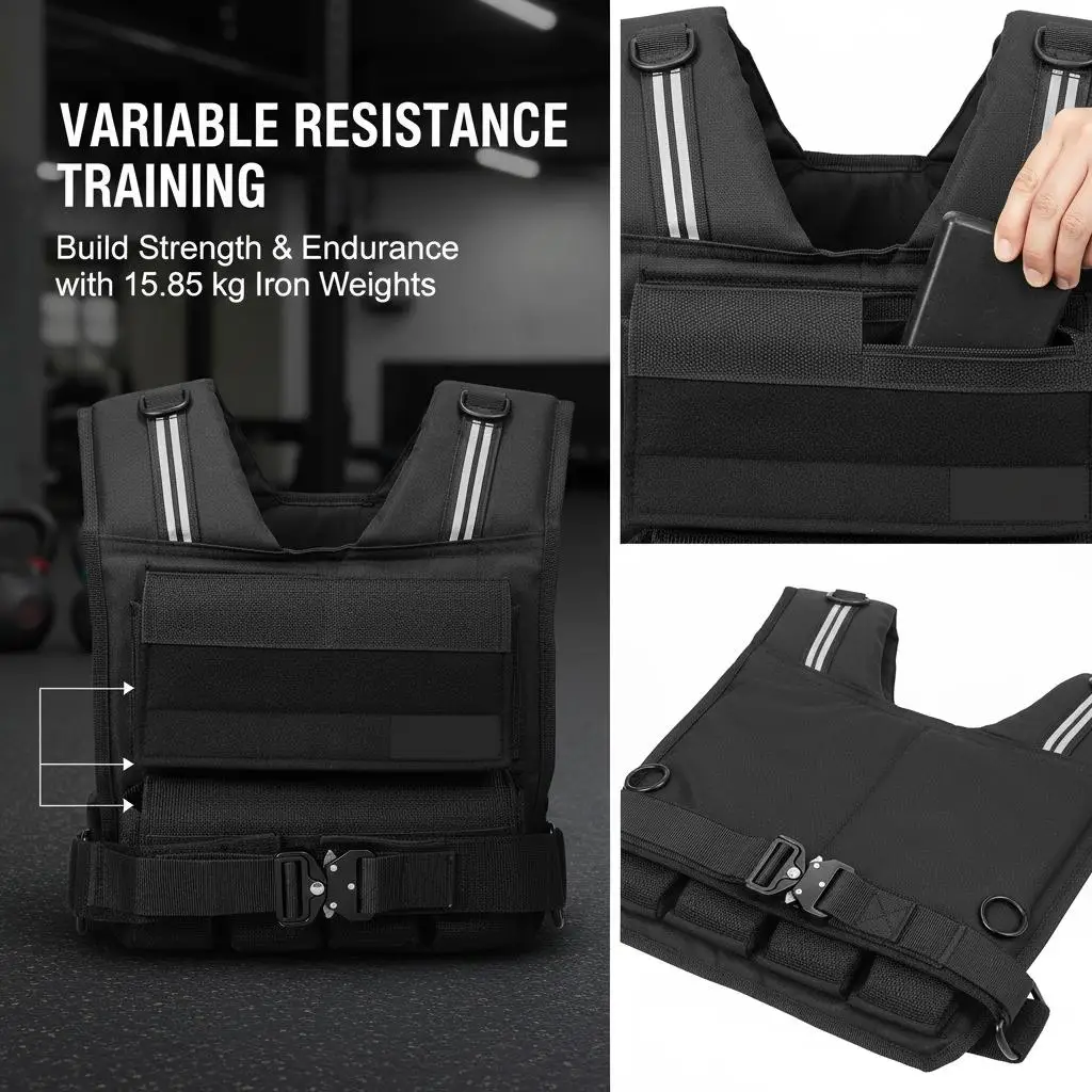 Verstellbare Gewichtsweste 15,85 kg mit 16 Eisenblöcken, Schulterpolster und reflektierender Streifen, für Krafttraining, Laufen und Joggen – Detail 2