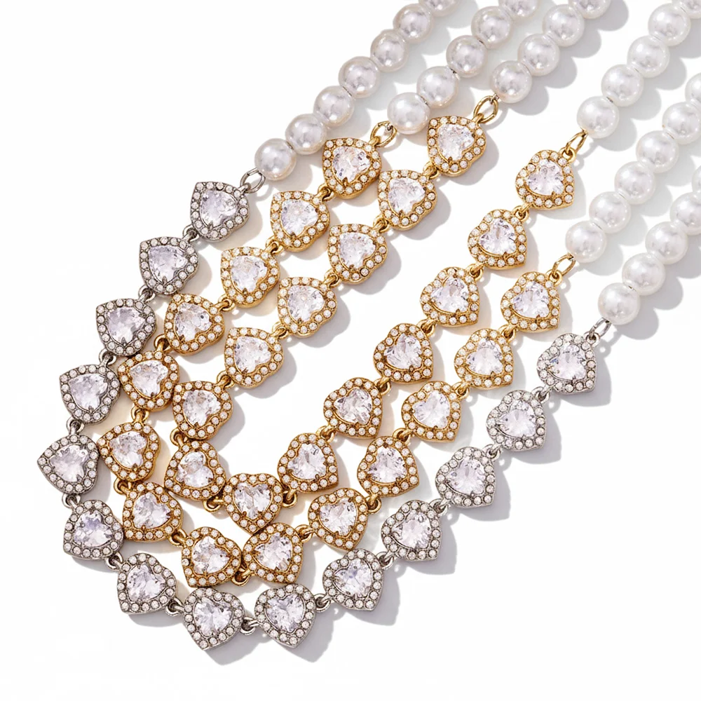 Edelstahl glänzende herzförmige Zirkon Anhänger Halskette Damen weiße Imitation Perle Perlen Kette Halsband Luxus Schmuck