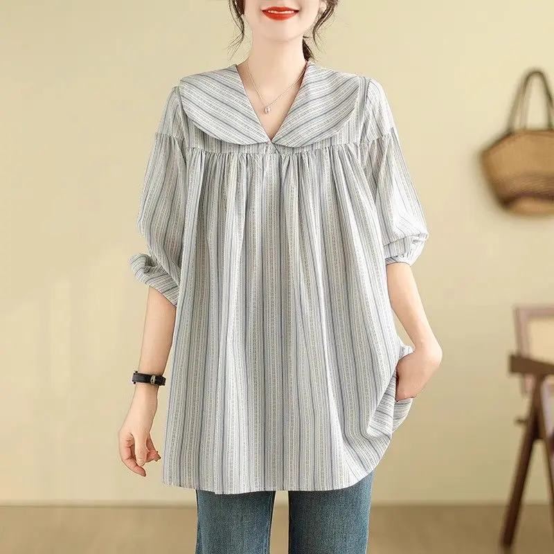 Casual Striped Loose Shirt Spring Summer 3/4 Sleeve Stylish Spliced Women's Clothing Peter Pan Collar All-match Commute Blouse