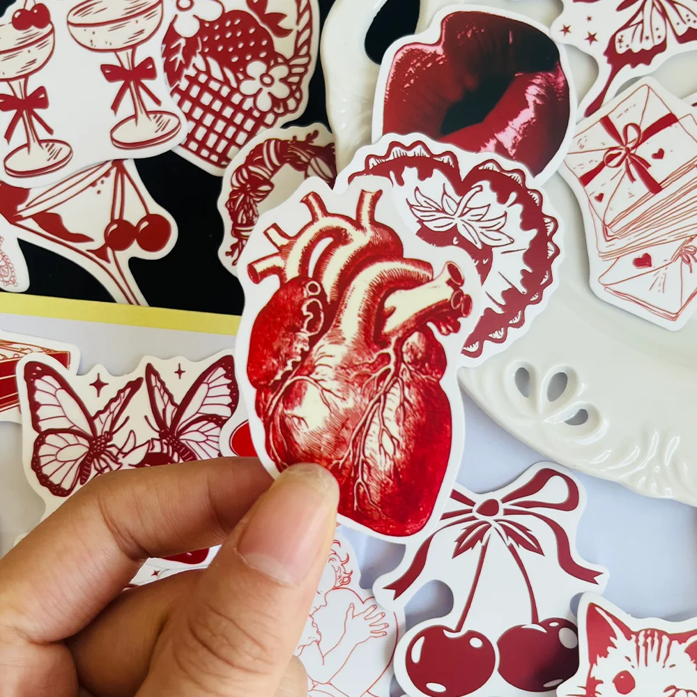 50PCS 빈티지 레드 발렌타인 데이 스티커 DIY 장식 스티커 스크랩북 노트북 수하물 컵 전화 케이스 인기 스티커
