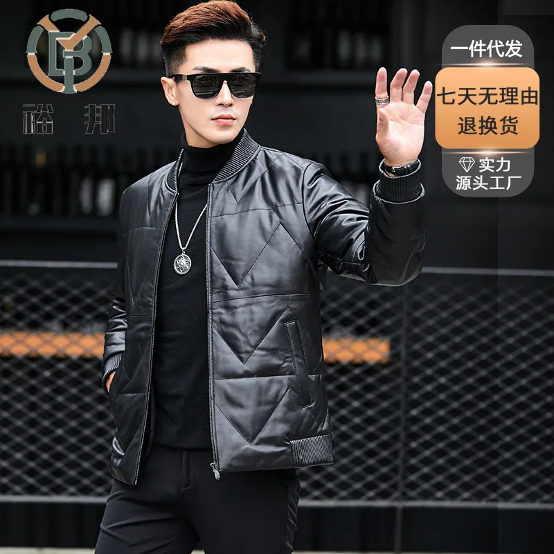 

Autumn and winter new men's stand collar casual zipper pu leather jacket down trend men's jacket leather down
