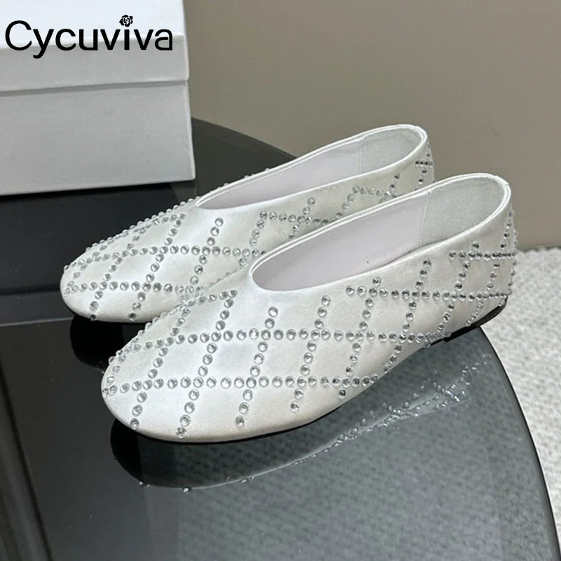 

2023 New Crystal Studded Ballet Flats Shoes Women Black Leather Ladies Casual Shoes Summer Net Party Rome Dress Shoes For Women
