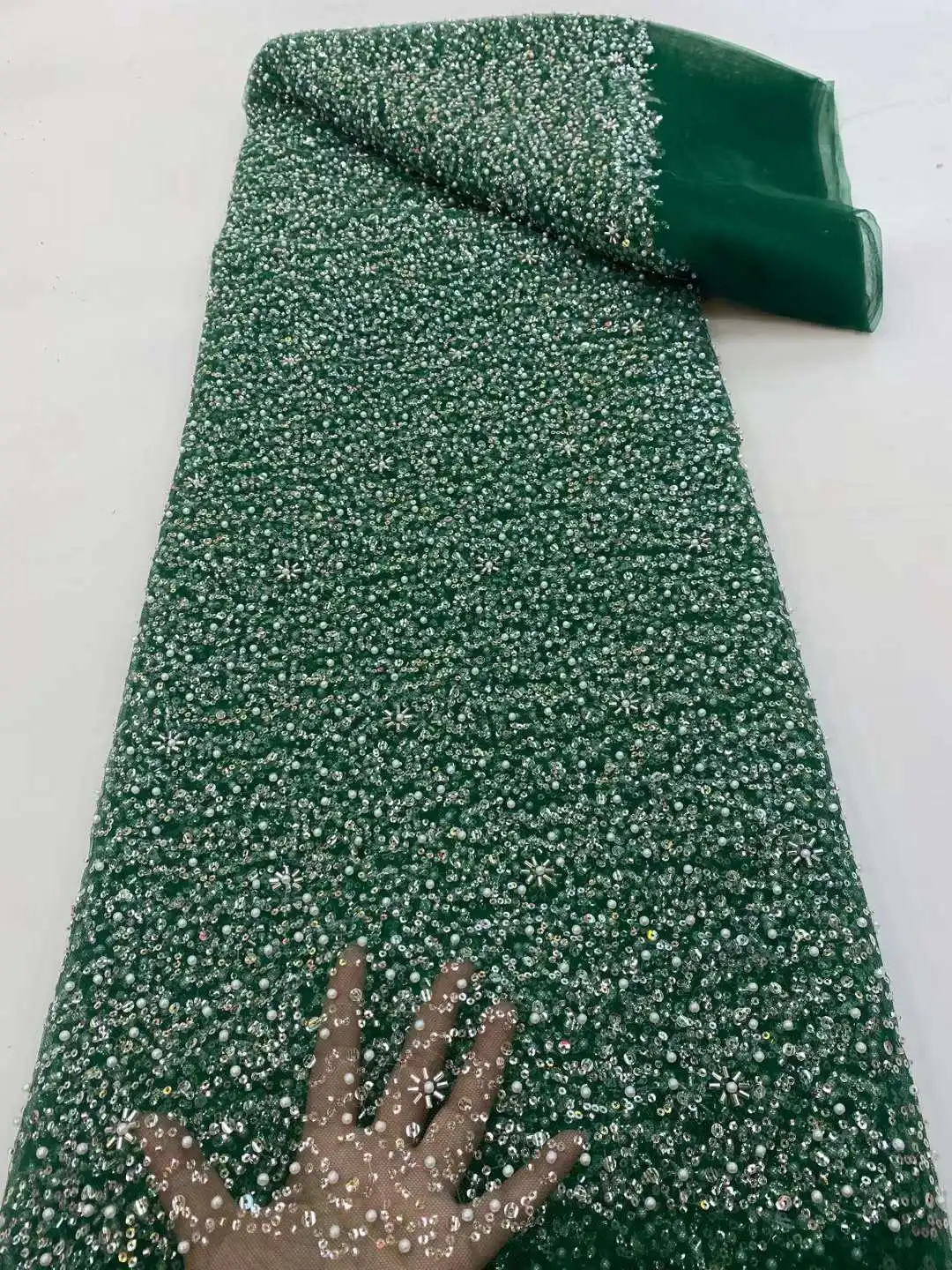 

New Deaign Green French Tulle Mesh Lace Fabric with Sequins Beaded High Quality Ghana Lace Nigerian African Tulle Lace Fabrics