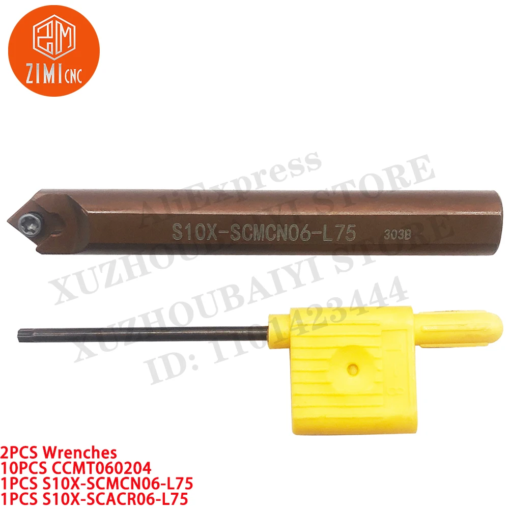2PC S10X-SCMCN06-L75 + S10X-SCACR06-L75 Lather Turning Tool Holder Boring bar +10PCS CCMT060204 CNC Tool Carbide Turning Inserts