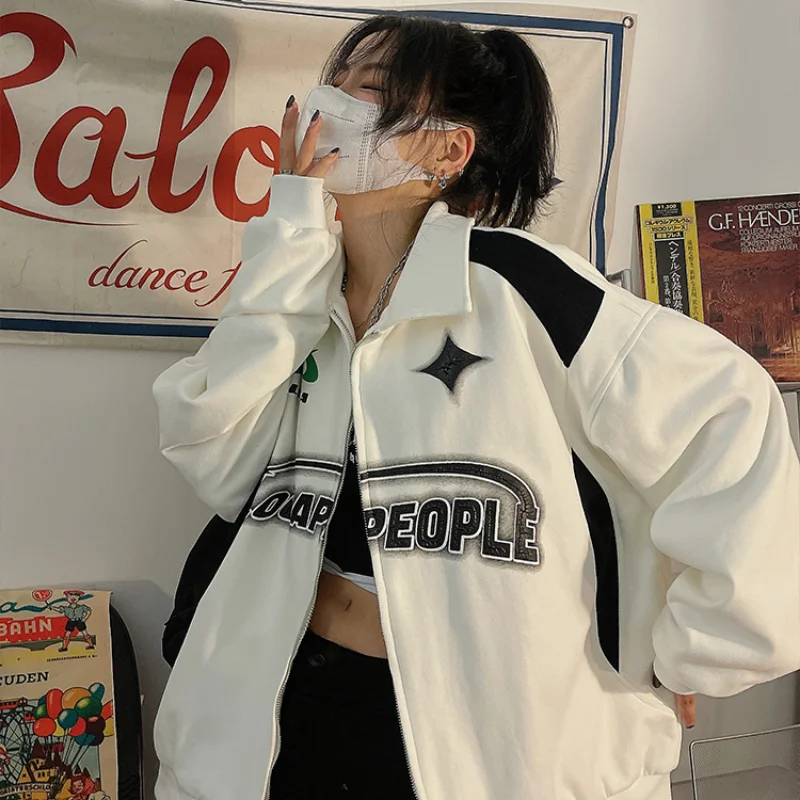 Jachetă de damă cu fermoar și imprimeu cu litere, jachetă supradimensionată, Y2K, retro, hip hop, vrac, trend coreean, modă stradă, casual, jachetă_voghion.com