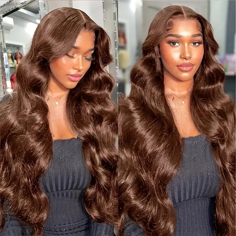200% #4 Body Wave Human Hair Wig Chocolate Brown Wavy HD Lace Frontal Wig 13x4 Pre Plucked Body Wave Lace Front Wig Natural 6