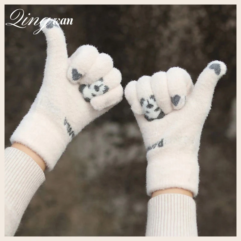 Kpop Winter Cartoon Panda Gloves for Men and Women Student Touch Screen Five Finger Knitted Plush Gloves Outdoor Cycling Gloves new 3d printing men knitted black and white gloves autumn winter outdoor stretch gloves cycling touch screen full finger gloves