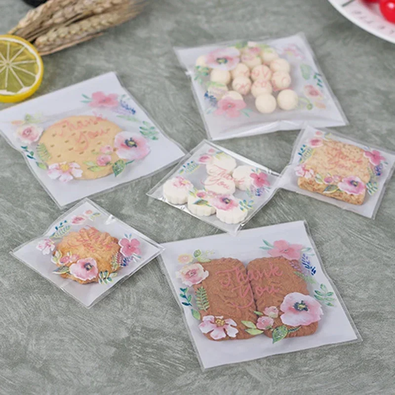 Self Adhesive Bags 100pcs/lot Plastic Bags Thank you Flower Self-Adhesive Bags for Homemade Cookie Party Gifts Bag DIY Jewelry Packaging Bag