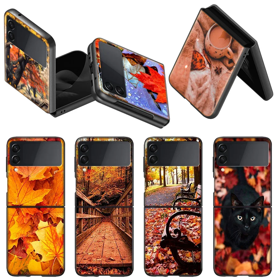 Leaves Maple Leaf Custodia Autunnale Per Samsung Z Flip 5 Flip 4 3 5G Black Hard Cell Phone Galaxy Cover Z Flip 5 4 3 Funda Luxury