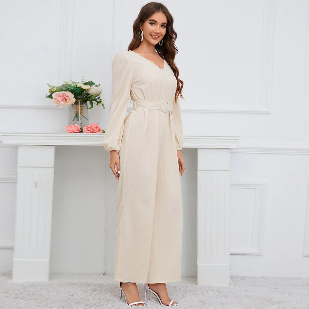 European and American Foreign Trade Casual Solid Color V-neck Long Sleeved Slim Fitting Temperament Straight Tube Long Pants
