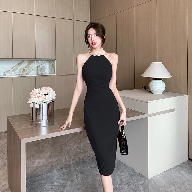 

Elegant Sexy Women Dresses Necklace Hanging Neck Sleeveless Off-the-shoulder Dress 2023 Summer Slim Bodycon Party Dress