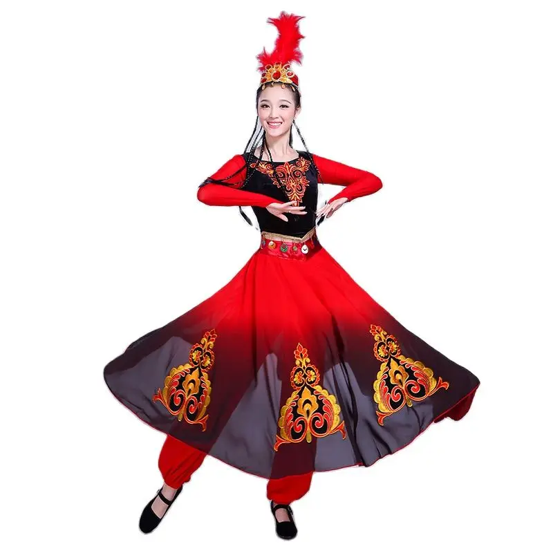 

Folk dance wear Vintage Ethnic Princess dress red Xinjiang Uygur dance clothing national performance stage costumes for singers