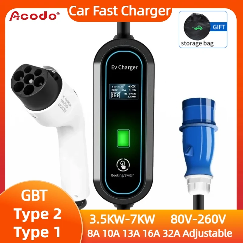 

EV Portable Charger Type 2 GBT Type 1 J1772 Charger Cable WallBox 7KW 8A 10A 13A 16A 32A Adjustable Current 5M Car Fast Charger