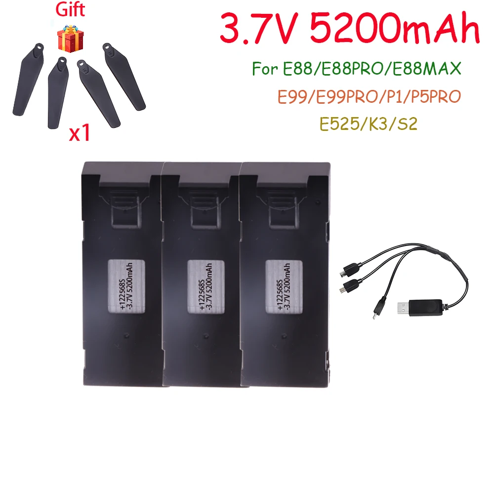 ตัวเลือกสินค้า แบตเตอรี่โดรน 3.7V 5200mAh สำหรับ E88/E99/Mini Drone