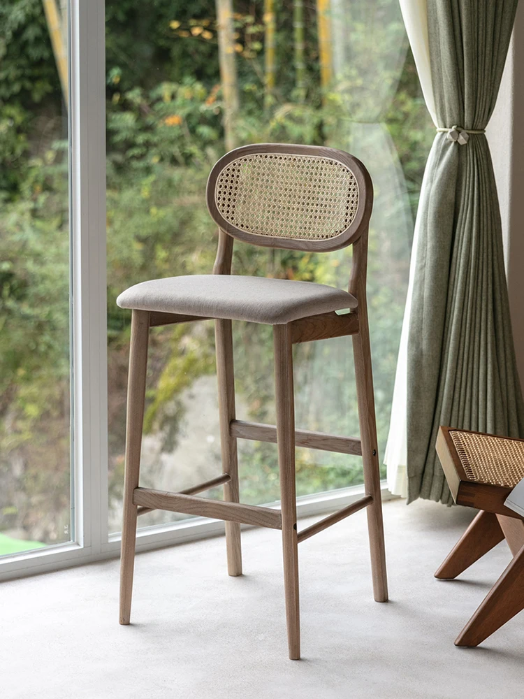 Nordic Solid Wood Rattan Weaving Bar High Stools Kitchen Counter Nordic Designer Bar Table Stool Furniture Chair With Backrest