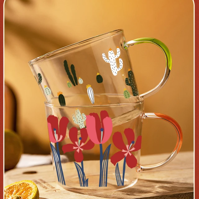 Taza grande de vidrio transparente resistente al calor con estampado de  flores de Cactus, vasos para café, agua, leche, avena, desayuno, 500ml,  16oz, 1 unidad - AliExpress