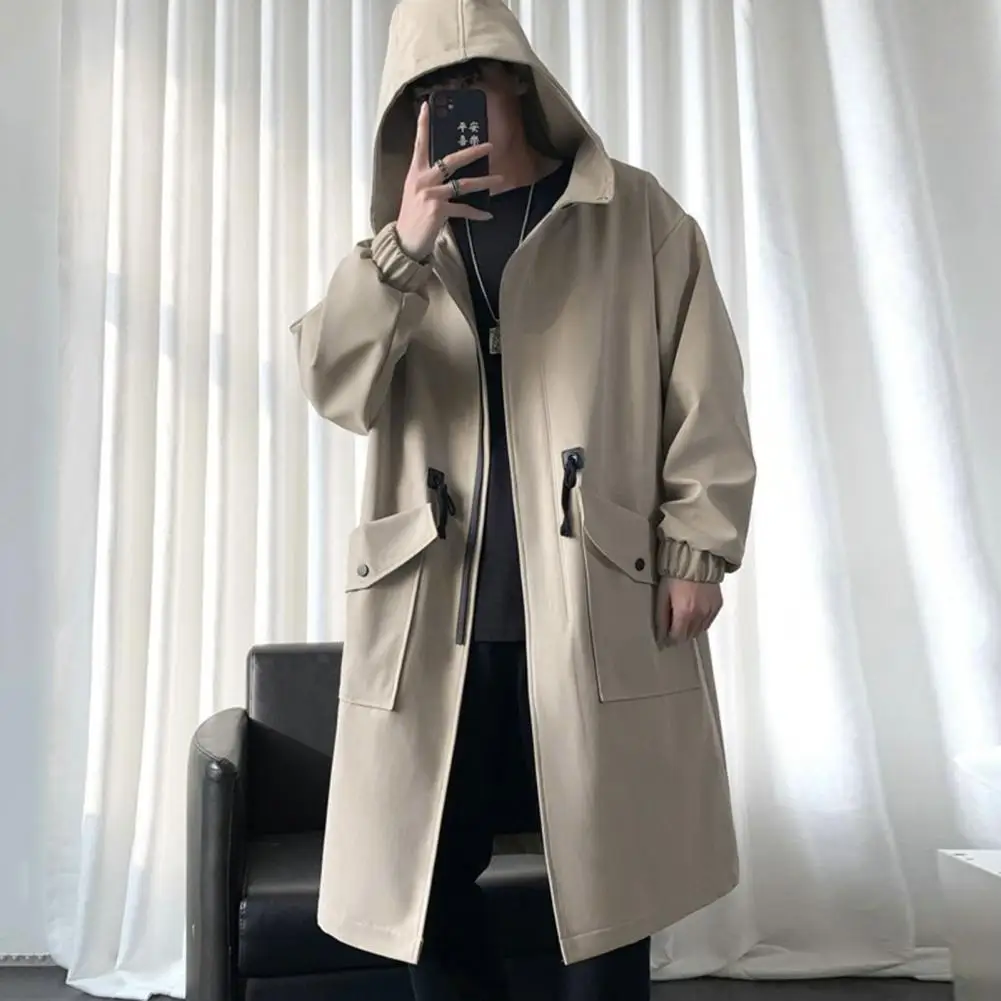 

Long Trench Coat Jacket Men Autumn Spring Black Hip Hop Japanese Coats Streetwear Male Hooded Army Green Khaki Casual Jackets