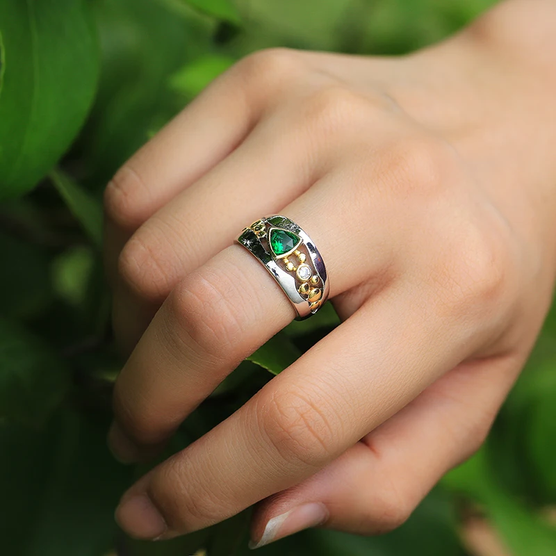 Huitan Two Tone Design Triangular Blue/Green CZ Women Rings - Image 21