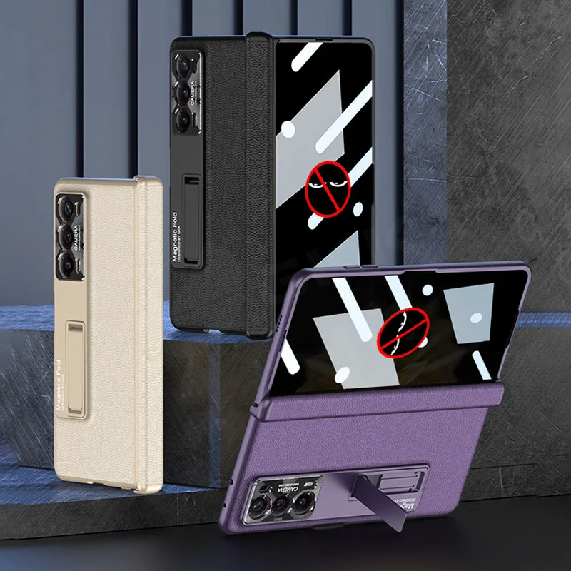 Magnetic Hinge Plain Leather Case for Honor Magic V2 Case Outer Anti-peek Glass