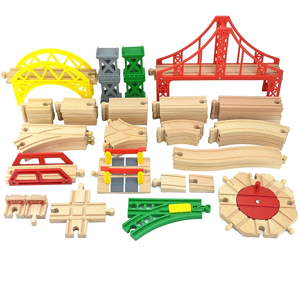 Wooden Tracks Railway Orbital Conversion Track Beech Wooden Train Track Rail Parts Fit Biro Educational Toys For Kids 4