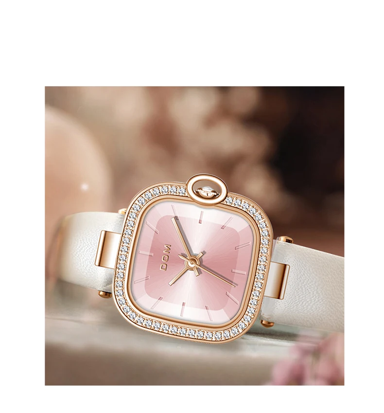 DOM New Women's watch Luxury Square watch Fashion Leather brand watch Casual women's quartz waterproof watch