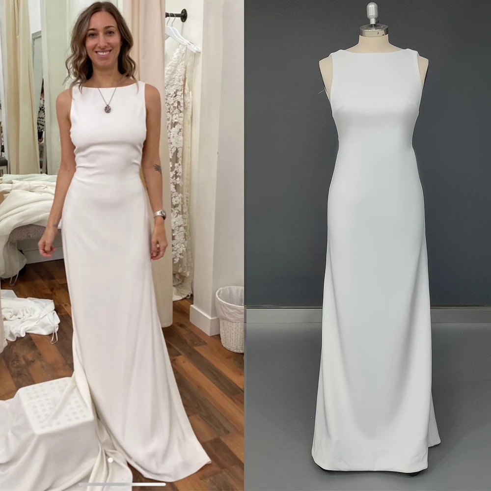 

Simple Crepe Satin Boat Neck Wedding Dress Stretchy Custom Made Plus Size Side Cutouts Ivory Sweep Train Backless Bridal Gown