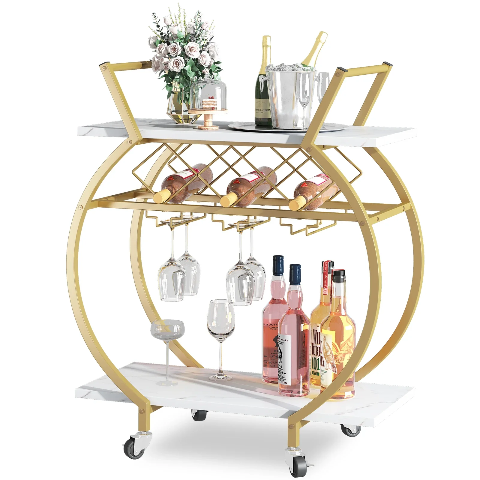 Gold and White Bar Cart Mini Rolling Kitchen Storage Cart with Wine Rack and Glass Holders Wine