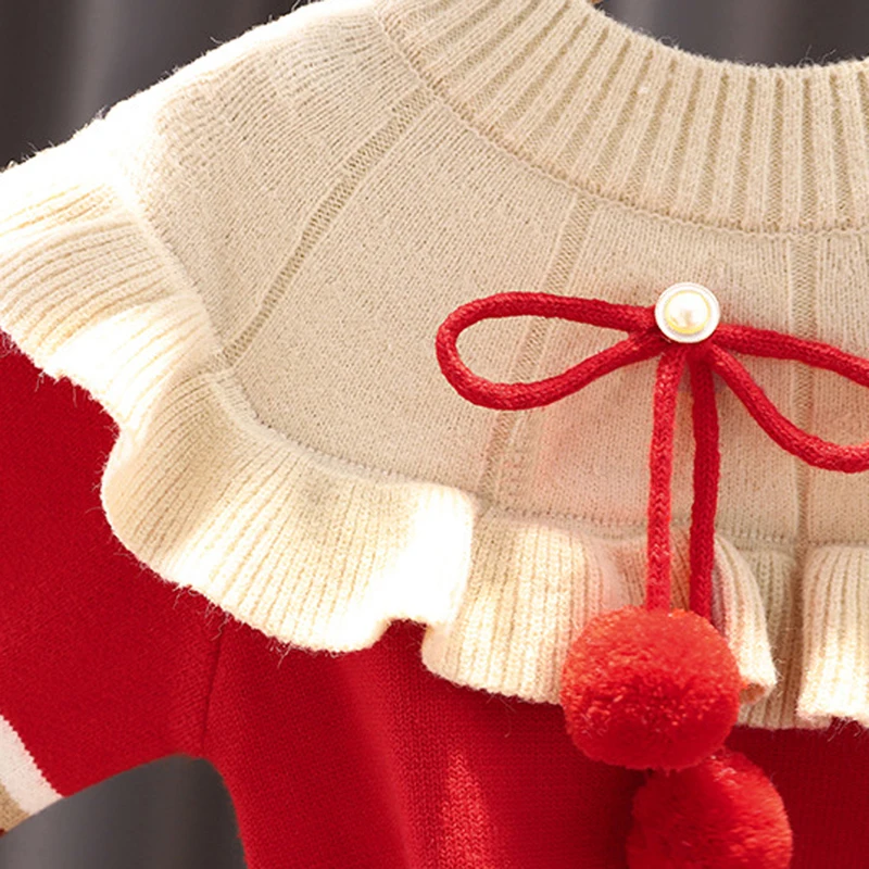 

Kid Girl Dress Long Sleeve Round Neck Ruffle Hanging Ball Patch Color Casual Party Red Dress