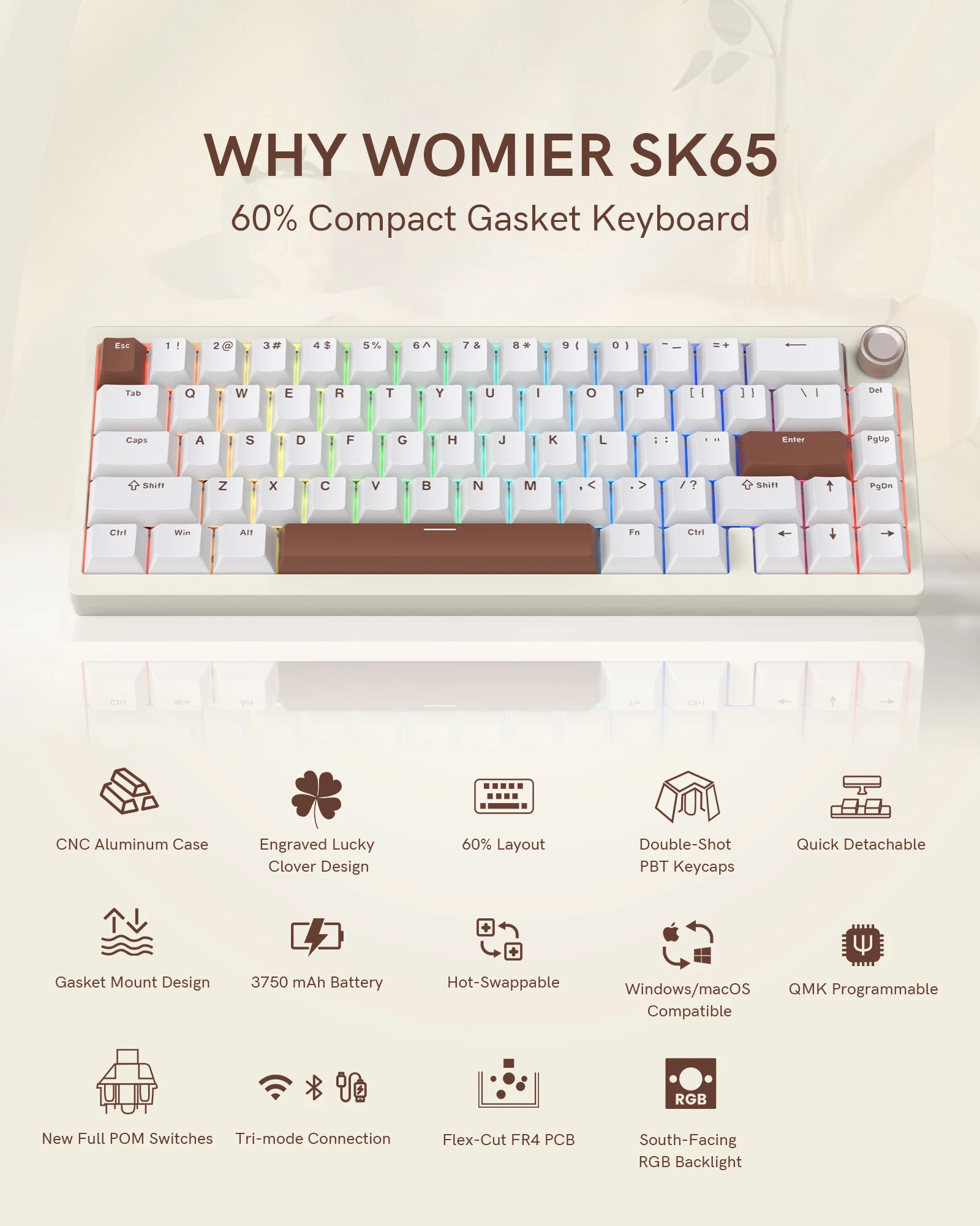 キーボード WOMIER SK65 Beige V2 Womier SK65 65% Gasket Mounted Wireless Aluminum Keyboard