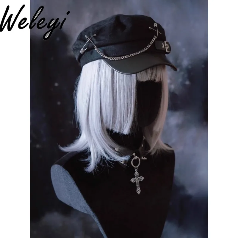 Jirai Kei Kawaii Y2k Hat American Fashion Super Cute Handmade Square Leather Buckle Chain Newsboy Cap Dark Subculture Black Hats