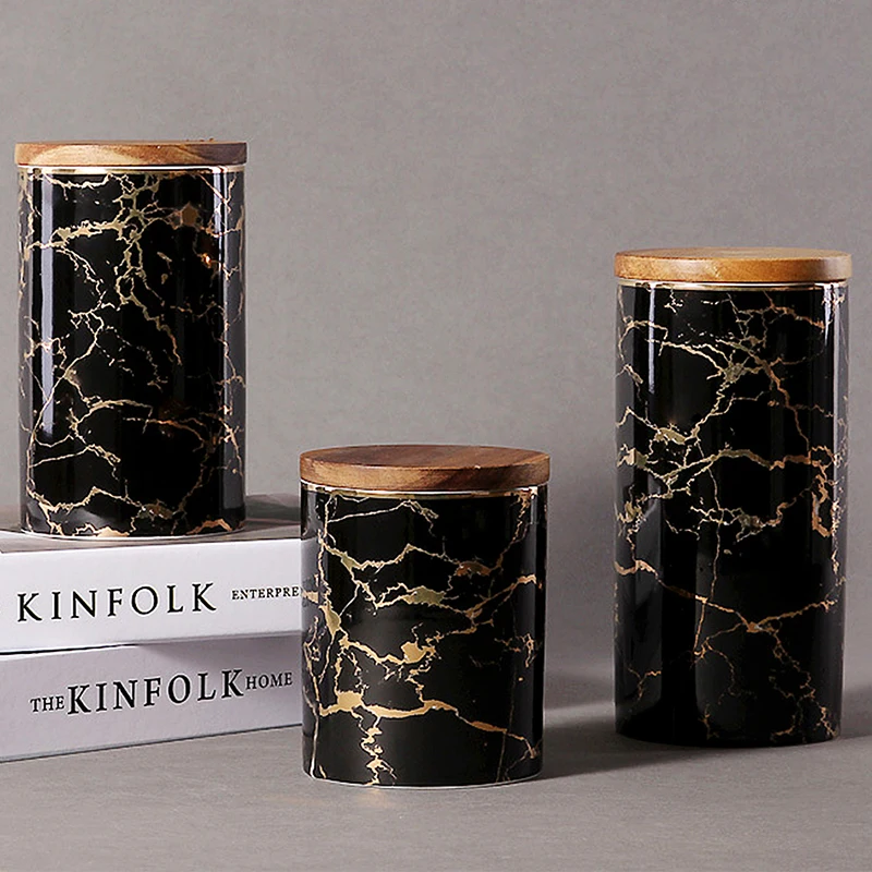 

Керамическая Круглая Емкость для хранения черного цвета с герметичной деревянной крышкой, Прочный Контейнер для специй, кухонная пищевая бутылка, кофейный/чайный контейнер