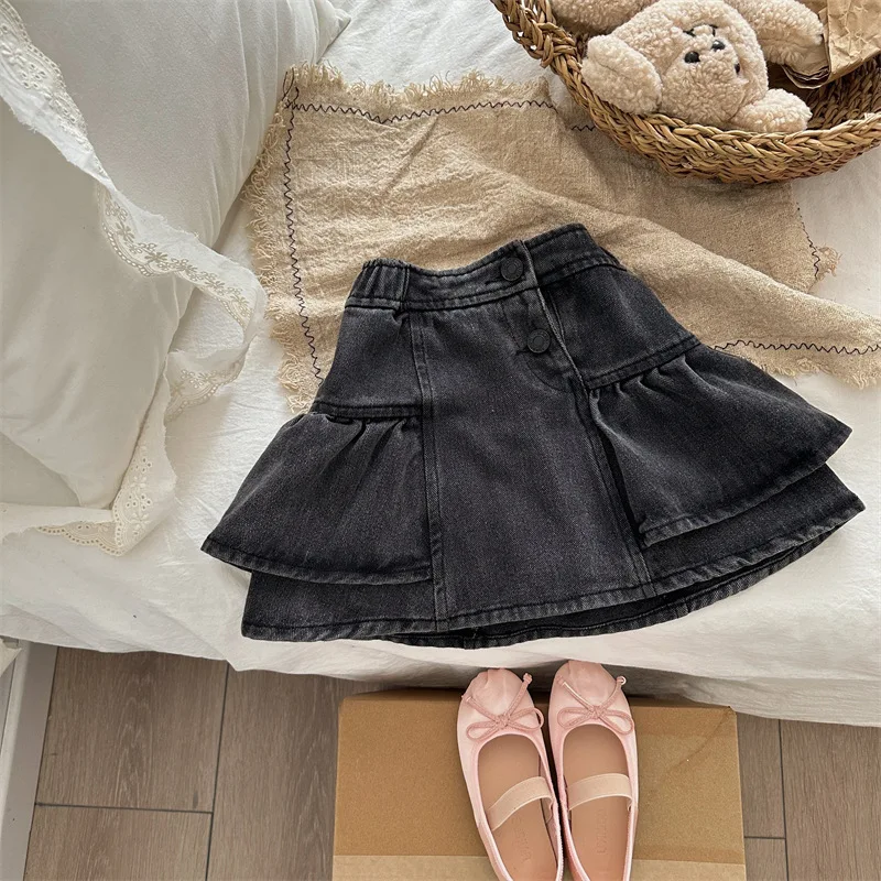 

HoneyCherry Summer New Girls Cowboy Ruffle Splicing Half-body Skirt Korean Version of The Girls Black Cowboy Skirt Kids Clothes