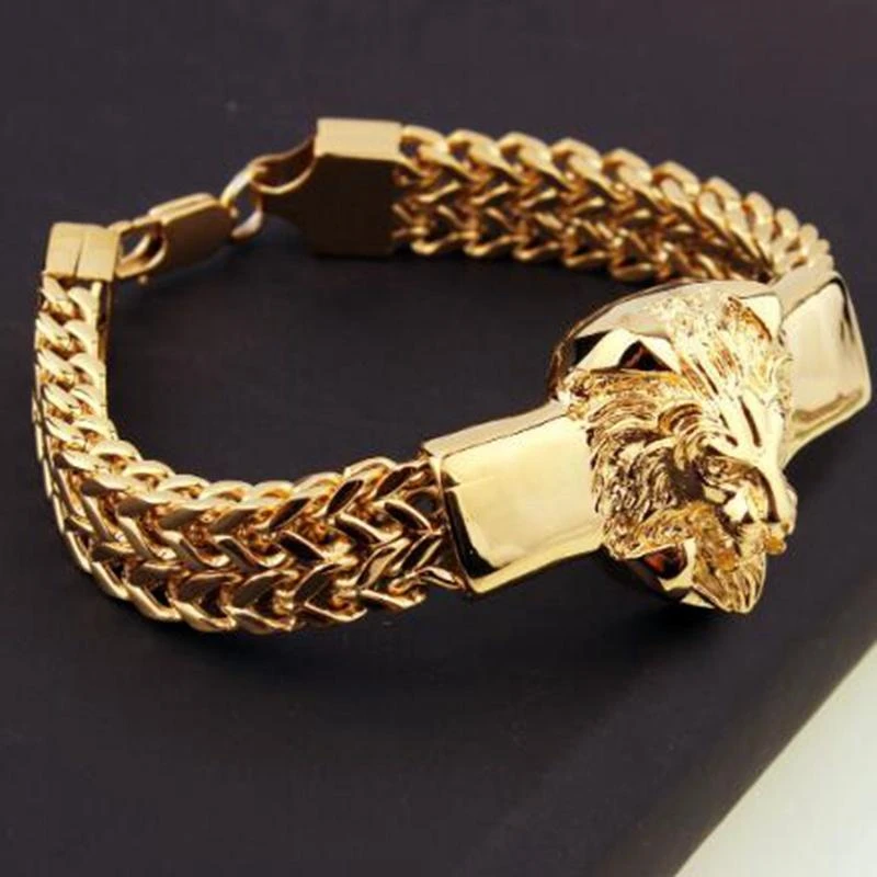 Pulsera de cadena trenzada de acero inoxidable para hombre, brazalete de cabeza de león dominante, joyería de moda de Hip-Hop