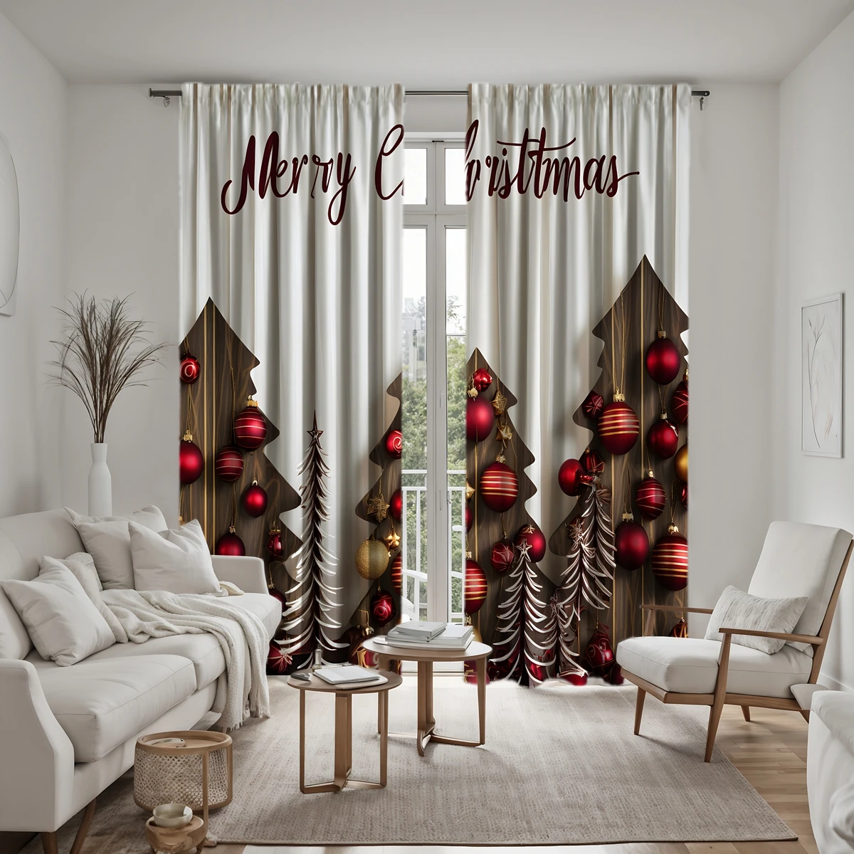 2-piece HD digital red tie Christmas ball Christmas tree curtain Home decoration style decoration living room bedroom wear rod c 6