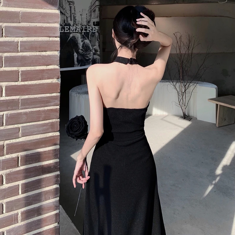 Vintage Two Piece Knitted Ready-to-wear Dresses Women 2022 Fashion New Maxi Cropped Cardigan+Halter Black Dress Female