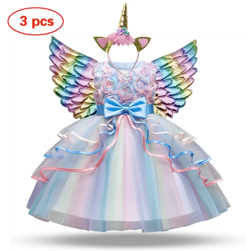 Girls Kids Unicorn Cosplay Dress For Children Rainbow Sleeveless Wedding and Birthday Party Princess Costume Evening Formal Gown girls dress princess costume kids clothes