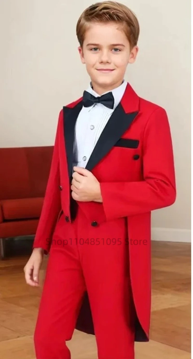 Solid 2-Piece Boys Tailcoat Suit with Peak Lapel Long Jacket And Pants Set for Formal Party Wedding Kids' Tuxedo