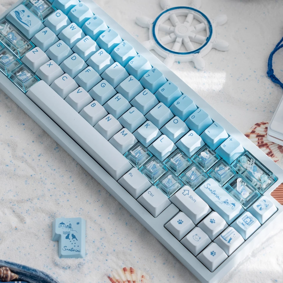 サントリーニ島の猫テーマキーキャップセット PBT + PC 素材チェリー