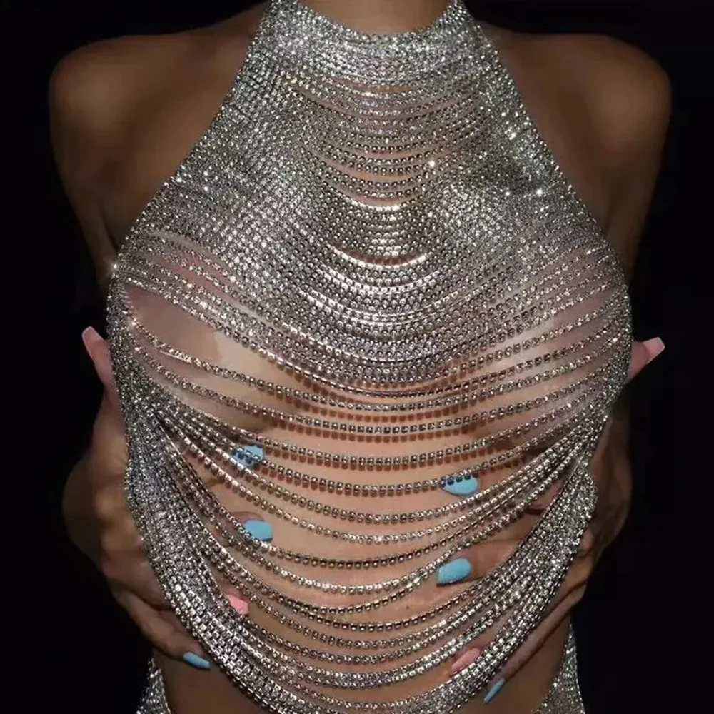 

Multi-Layer Halter Chest Necklace Shiny Dress See-through Rhinestone Sexy Sexy Body Chains Fashion Accessories Free Shipping