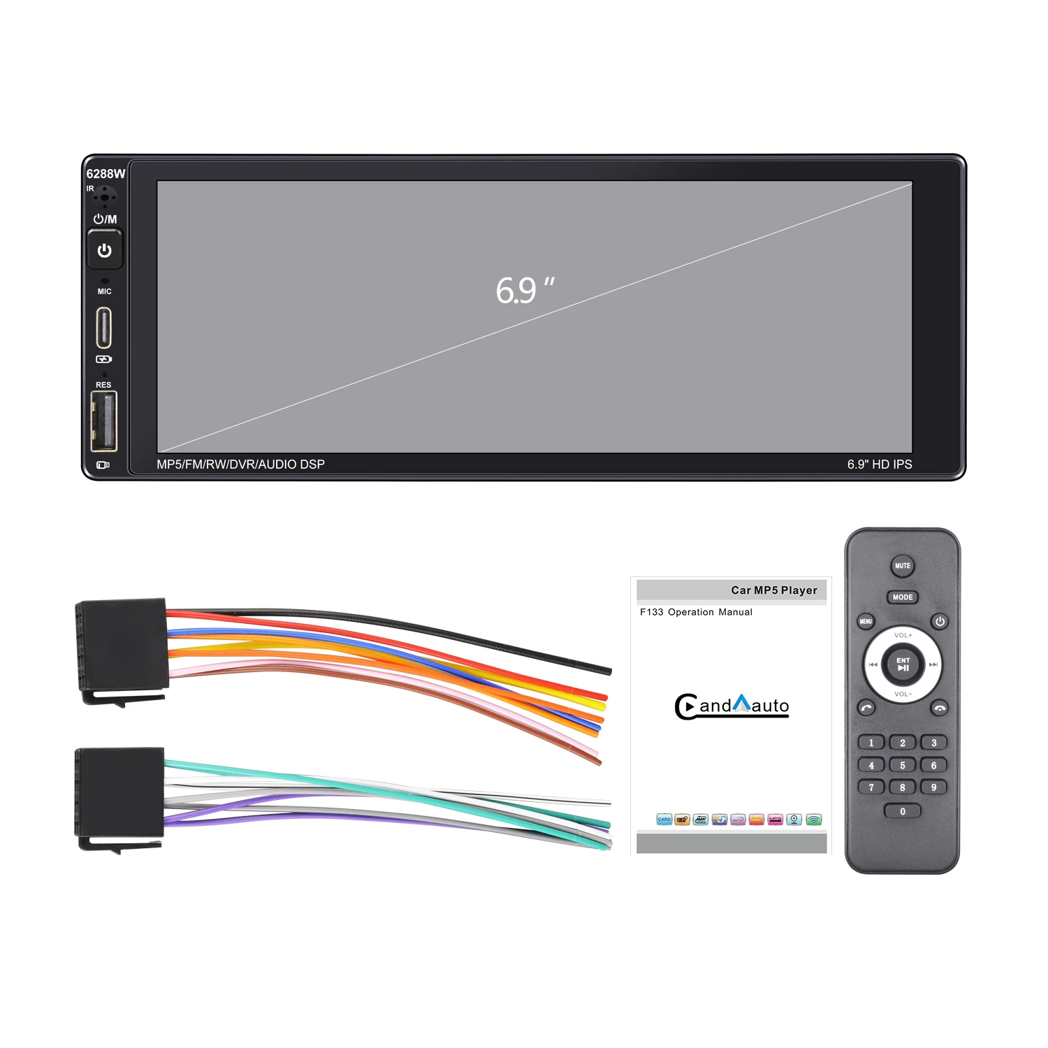 자동차 MP5 라디오 비디오 멀티미디어 플레이어, 회전 화면, DVD 없음, 6.9 인치 내장 카플레이, 1din 1 Din