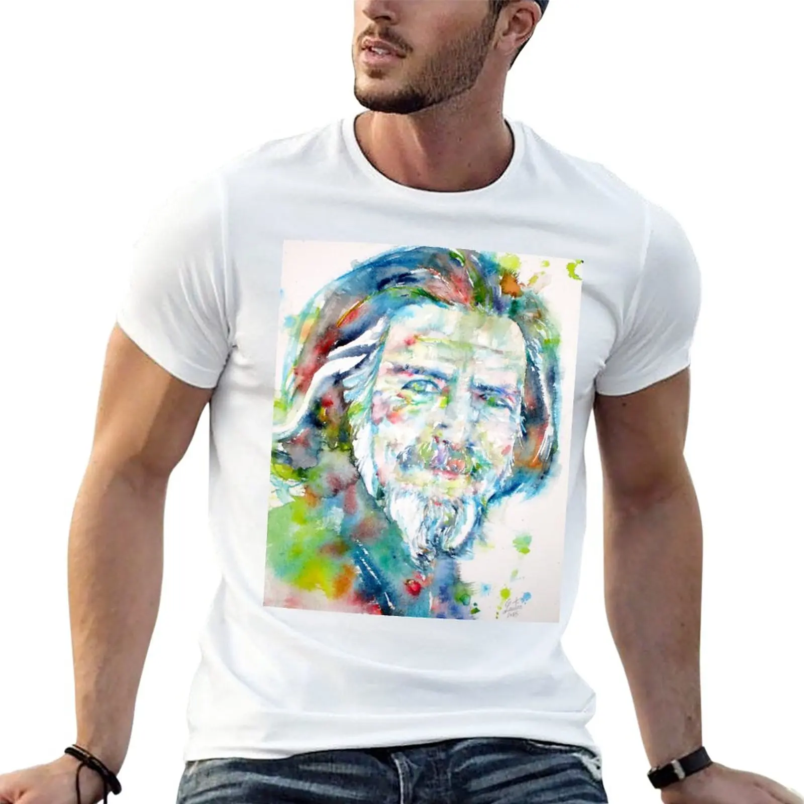 

New ALAN WATTS - watercolor portrait T-Shirt funny t shirts t shirt man heavyweight t shirts for men