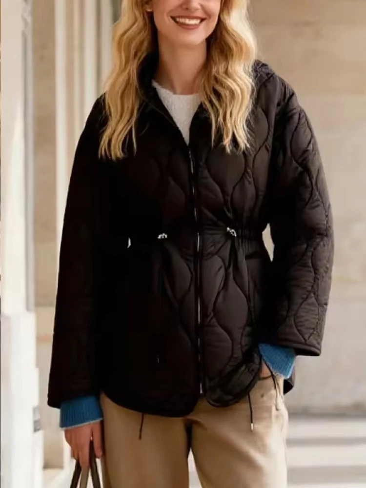Autumn Winter Women Vintage Padding Parka Coat Waist Lace-up Hooded Jacket Coats 2025 New Fashion Female Casual Loose Outerwear