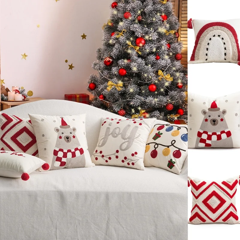 

Рождественская декоративная подушка, красная плюшевая подушка с геометрическим рисунком на осень и зиму, наволочка с вышивкой для домашней гостиной, диванной подушки, наволочка
