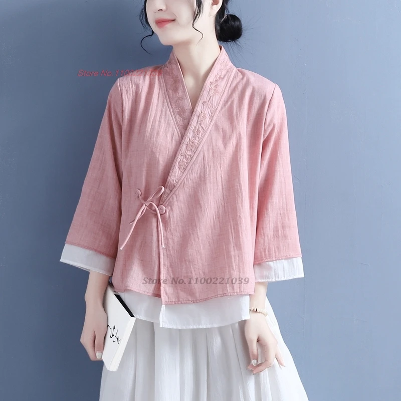 

2024 chinese vintage hanfu tops national flower embroidery cotton linen blouse oriental cotton linen folk blouse streetwear