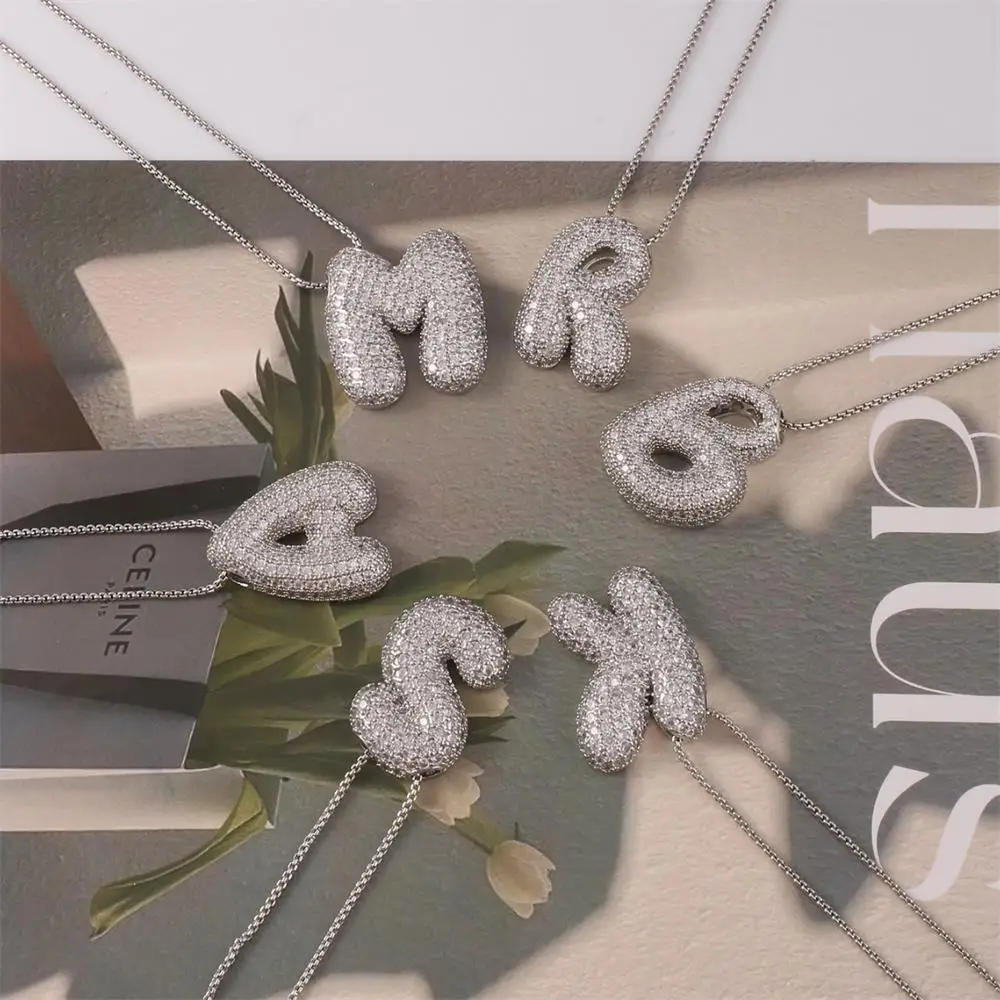 Exquisite Chunky Balloon 26 Letter Necklaces Zircon CZ Bubble Initial Alphabet Pendant Choker Women Personality Chain Jewelry